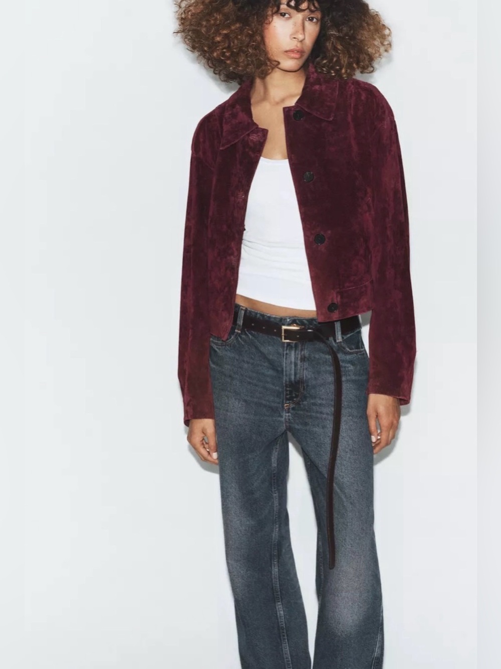Zara 100% leather crop burgundy jacket